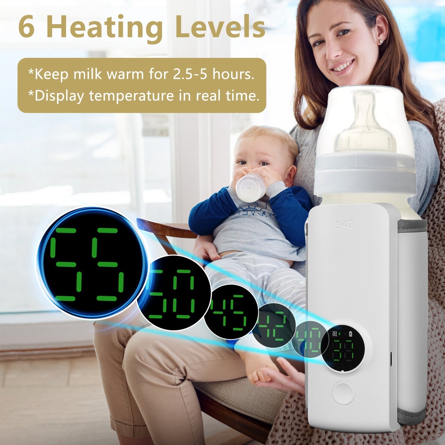 1Pc Portable Bottle Warmer Baby Milk Warmer Milk Formula Warmer For Travel With 6 Heating Level USB Rechargeable Keep Milk Warm For 5 Hours No Bottle Included